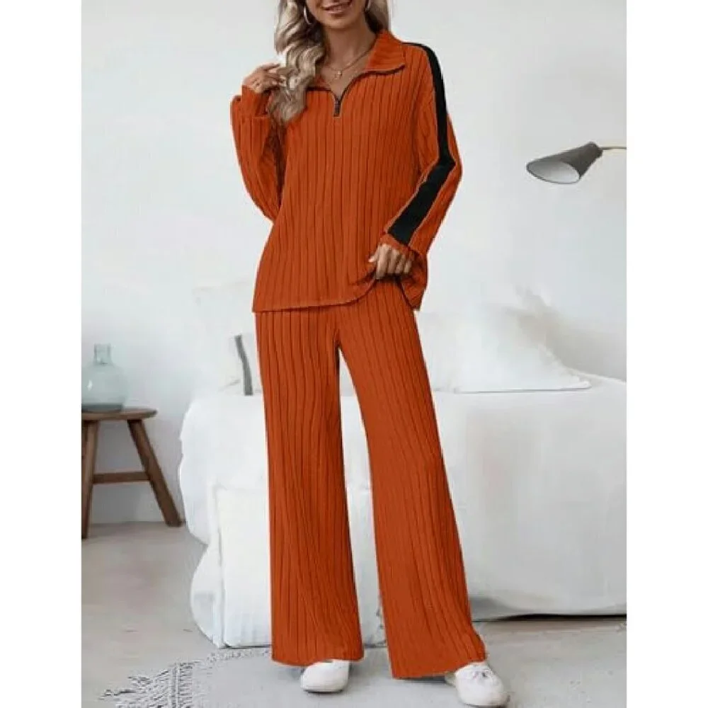 Ribbed Knit Lounge Set Half Zip Sweatshirt Wide Leg Joggers